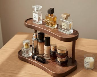 Bamboo 2 Tier Storage Organizer, Wooden Makeup Holder for Vanity Kitchen Counter and Bathroom