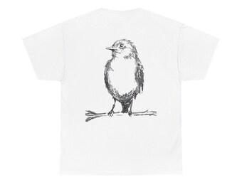 Handgezeichneter Vogel (auf der Rückseite des Shirts) | Unisex Schwere Baumwolle T-Shirt | Artsy Vogel Design |