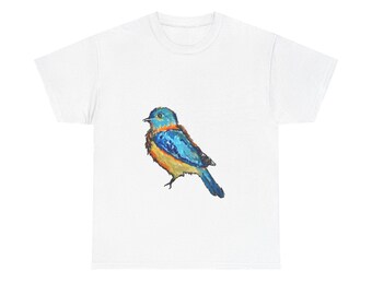 Lebendiger Vogel (vorne am Shirt) | Unisex Schwere Baumwolle T-Shirt | Buntes Artsy Vogel-Design |