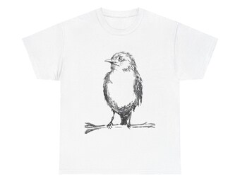 Handgezeichneter Vogel (auf der Vorderseite) | Unisex Schwere Baumwolle T-Shirt |
