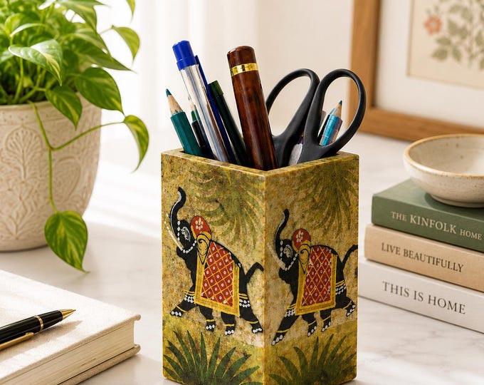Hand-Painted Jade Stone Elephant Pen Holder, Indian Artisan Ethnic Desk Decor