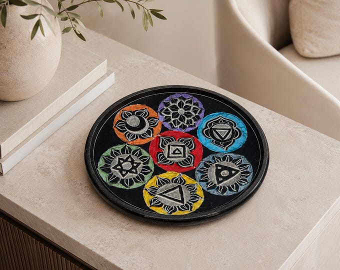 Handmade Stoneware Chakra Art Plate, Multicolor Boho Table Decor Catchall Tray