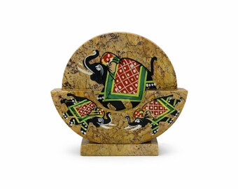 Tapa de taza de piedra de jade hecha a mano, arte popular de elefante pintado a mano, accesorio de artesanía en piedra india