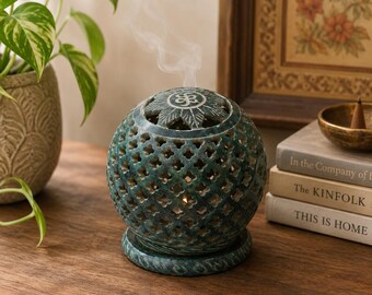 Portavelas de piedra tallada a mano, portavelas para velas pequeñas, farolillo decorativo de piedra verde, decoración étnica para el hogar hecha a mano, regalo de portavelas para meditación