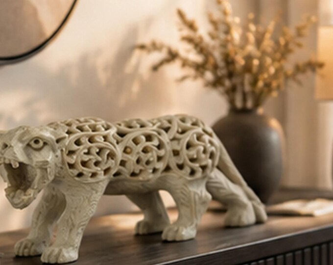 Hand Carved Stone Tiger Sculpture, Openwork Jali Wildlife Figurine, Beige Boho Decor