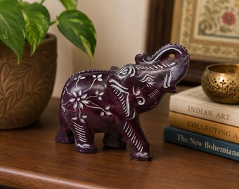 Escultura de elefante tallada a mano en piedra Zadstone, figura de arte en piedra india multicolor.