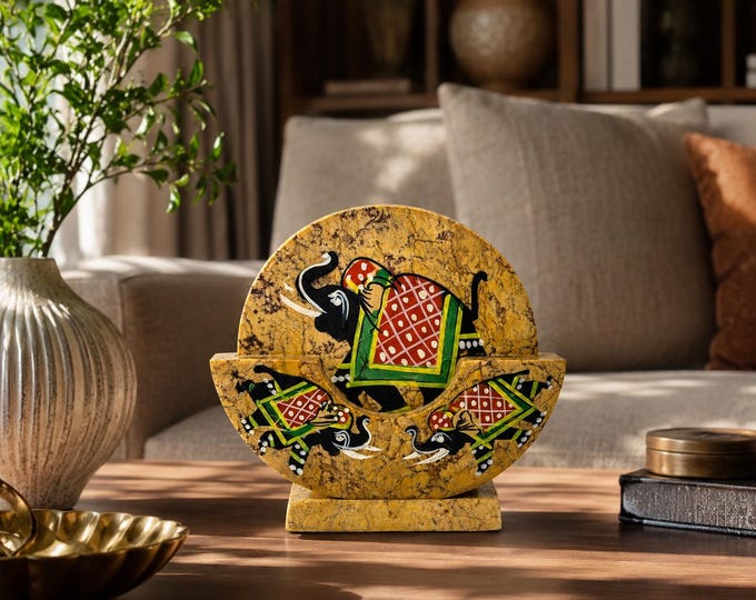 Handmade Jade Stone Cup Cover, Hand-Painted Elephant Folk Art, Indian Stone Craft Accessory