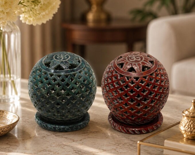 Hand Carved Stone Tealight Candle Holders, Red Om Symbol Diya Lantern, Meditation Decor