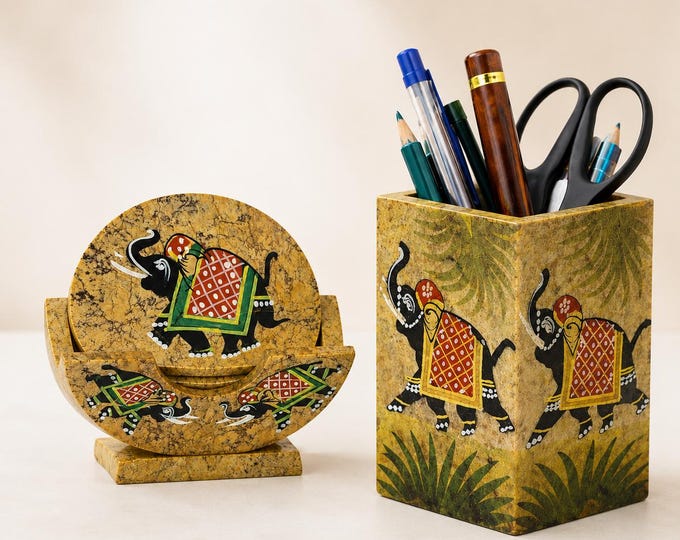 Hand-Painted Jade Stone Elephant Desk Set, Pen Holder & Cup Cover, Indian Artisan Decor