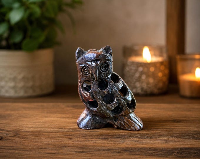 Hand Carved Jade Stone Owl Figurine, Mini Owl Inside, Rustic Home Decor