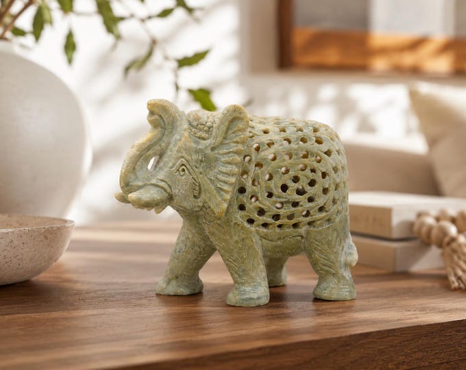 Hand Carved Stone Elephant Sculpture, Nested Figurine, Indian Lucky Decor