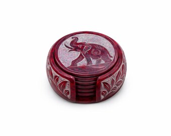 Juego de posavasos de mármol rojo hechos a mano con forma de elefante y soporte, decoración de mesa artesanal.