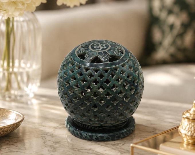 Hand Carved Stone Diya Holder, Tealight Candle Holder, Green Stone Lantern Decor, Handmade Ethnic Home Decor, Meditation Candle Holder Gift