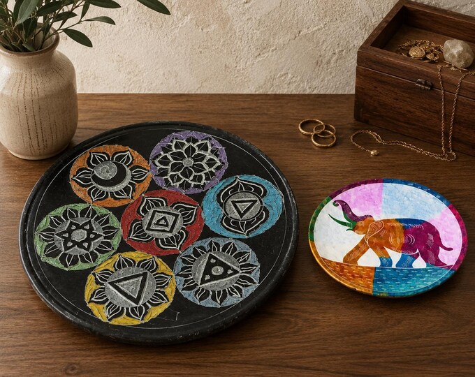 Handmade Chakra Stoneware Plate, Elephant Trinket Dish, Boho Catchall Tray Duo