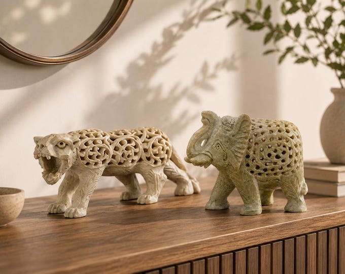 Hand Carved Stone Tiger Elephant Figurines, Openwork Jali Wildlife Sculpture Pair