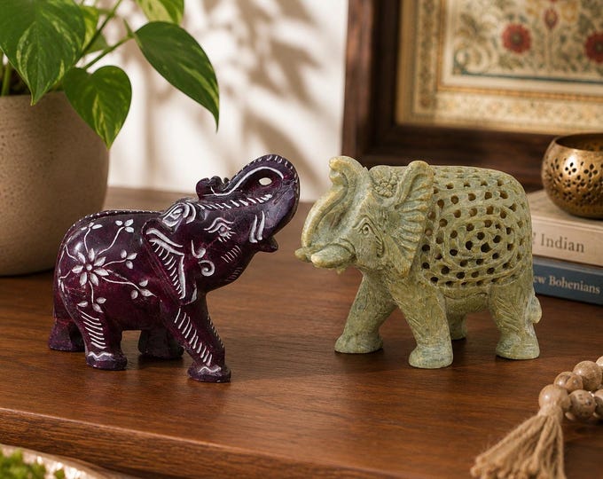 Handmade Stone Elephant Statues, Purple Zadstone Figurine, Nested Sculpture, Indian Boho Decor