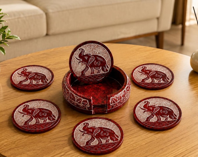 Handmade Red Marble Elephant Coaster Set with Holder, Artisan Table Decor