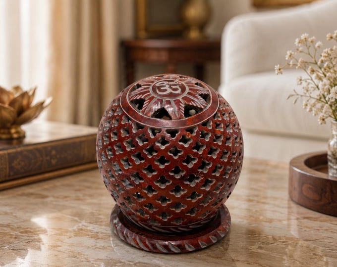 Hand Carved Stone Candle Holder, Om Symbol Tealight Lantern, Spiritual Home Accent