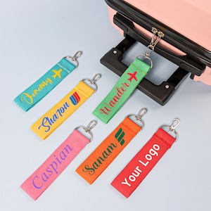 Op de afbeelding: Een verzameling kleurrijke bagagelabels met zilverkleurige sluitingen. Elke tag heeft geborduurde tekst in verschillende kleuren, waaronder namen en het woord "Wander". De tags zijn bevestigd aan een roze koffer.