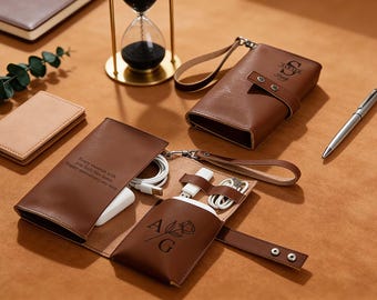 Custom Leather Cable Organizer – Personalized Engraved Roll-Up Tech Storage for Travel, Daily Use & Tech Lovers