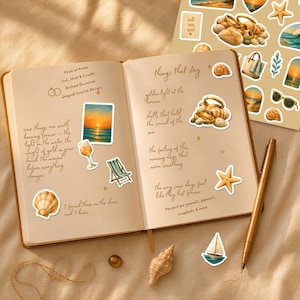 Golden Coastal Sticker Sheet Printable | Vintage Shell Journal Stickers | Sunset Beach Scrapbook | Digital Download