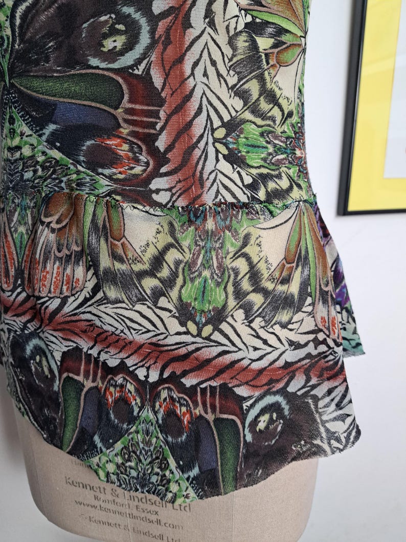 Vintage 90s Kenzo Jeans Butterfly Print Sheer Mesh Top with Asymmetrical Peplum Hem & Sequin Neckline Trim | Cyber Fairy Grunge, Whimsigoth image 6