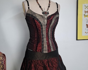 Y2K Whimsigoth Outfit Bundle: Patchwork Burgundy and Earth Tones Corset, Mini Bubble Skirt and Tribal Necklace | Dark Fairycore Set, M
