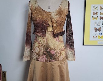 Y2K 3 Piece Fairycore Set: Earthy Brown Ombre Lace Cardigan, Paisley Mesh Cami Top and Satin Tulle Skirt | Boho Festival Whimsigoth, size S