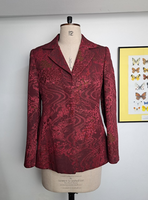 Kenzo, Vintage 90s Kenzo Whimsigoth Burgundy Jacquard Blazer, Avant Garde Designer Brocade Jacket with Sparkling Floral Vine Tapestry, Medium
