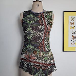Vintage 90s Kenzo Jeans Butterfly Print Sheer Mesh Top with Asymmetrical Peplum Hem & Sequin Neckline Trim | Cyber Fairy Grunge, Whimsigoth image 1