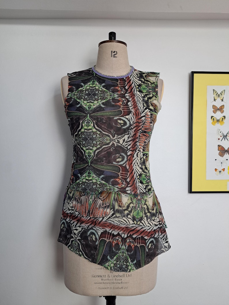 Vintage 90s Kenzo Jeans Butterfly Print Sheer Mesh Top with Asymmetrical Peplum Hem & Sequin Neckline Trim | Cyber Fairy Grunge, Whimsigoth image 1