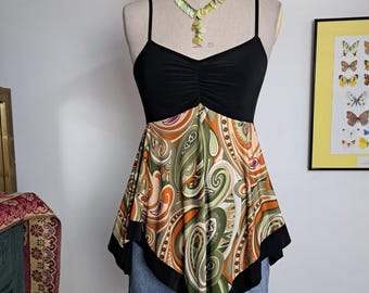 Y2K Whimsigoth Handkerchief Top and Denim Mini Skirt Set with Matching Shell Jewelry, Earth Tone Paisley 2000s Festival Outfit Size M
