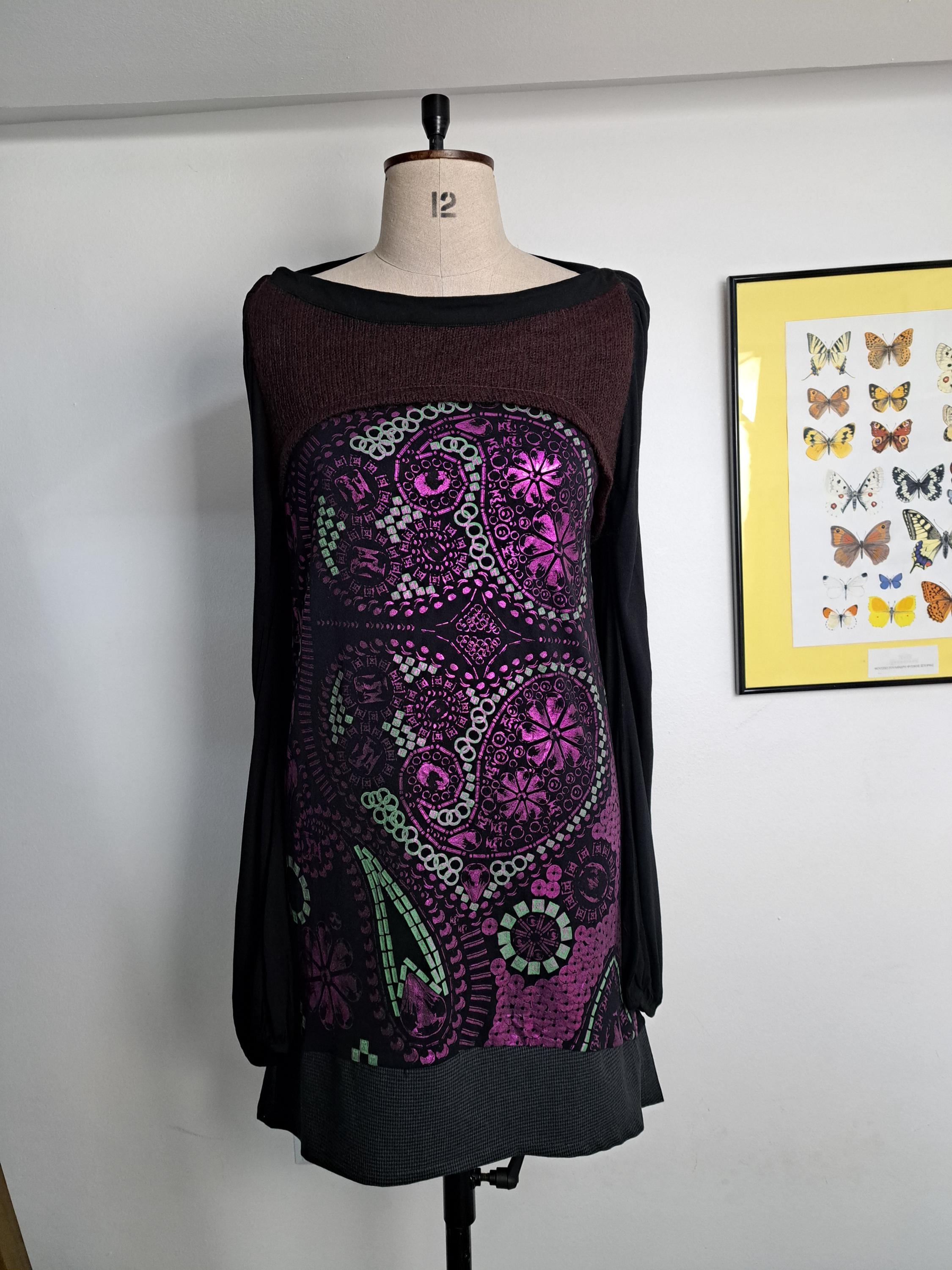 Top Stretch Vintage Femme – Graphique Baroque Cyber Y2k Années 2000 – Taille M Laine Mixte