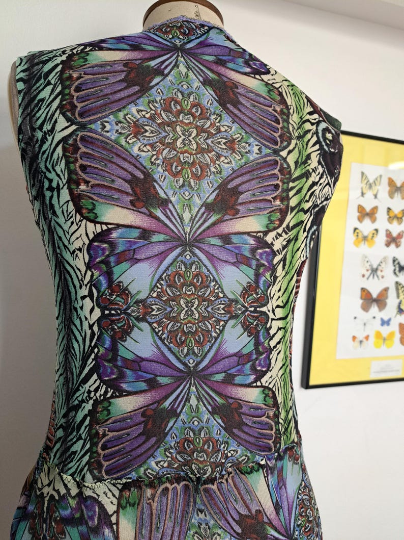 Vintage 90s Kenzo Jeans Butterfly Print Sheer Mesh Top with Asymmetrical Peplum Hem & Sequin Neckline Trim | Cyber Fairy Grunge, Whimsigoth image 3