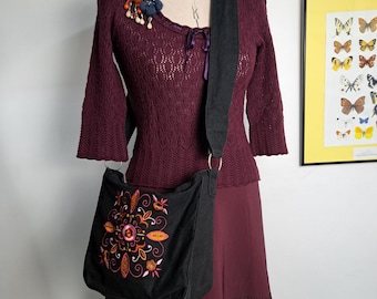 Whimsigoth Outfit: Kookai Wool Crochet Lace Top, Bordeaux Skirt, Y2K Messenger Bag with Floral Embroidery and Pin | Fairycore 4 Piece Bundle