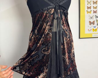 Vintage 90s Whimsigoth Devore Velvet Camisole & DVF Assymetrical Lace Skirt Set | 2000s Fairycore Grunge Babydoll Top and Lace Mini Skirt, S
