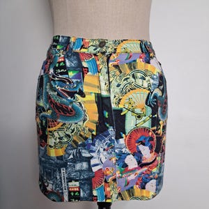 Vintage Y2K Denim Mini Skirt with Japanese Graphic Print: Dragon, Geisha, Fan, Wave | Anne Elisabeth Avant-Garde Jeans Skirt, Size XS/Small