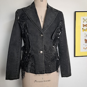 Y2K Whimsigoth Black Denim Distressed Embellished Blazer, Fairy Grunge Dark Jeans Jacket with Sequin Fringe & Textile Flower Appliques, S/M