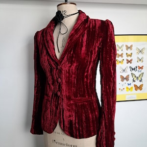 Può includere: Blazer in velluto rosso scuro su un manichino. La giacca presenta un colletto a revers, tre bottoni e maniche lunghe. Un choker nero con un dettaglio a rosa è intorno al collo del manichino. Una stampa di farfalle incorniciata è sullo sfondo.
