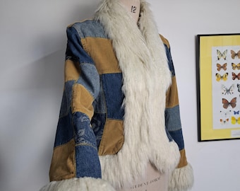 Vintage 70s Style Colorful Patchwork Leather Jacket With Faux Fur