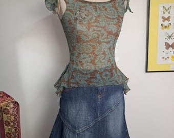 Y2K Fairycore 2-Piece Set: Save The Queen Teal and Brown Mesh Top and Red Pepper Studded Denim Skirt, Full Whimsigoth Outfit Bundle, Size S