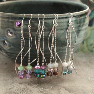 Silver Twist Wire and Crystal Bead Earrings - Seasonal Shades Faceted Crystal Bead Earrings, Long earrings, Gift for Her