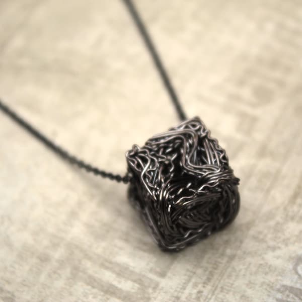 Black Wire wrapped Cube Pendant. Wire Jewellery. Geometric Pendant. Mathematical pendant.