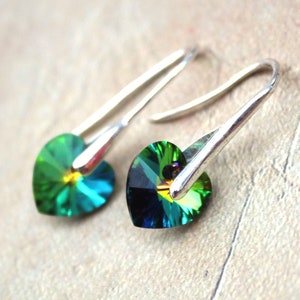 Rainbow Green Swarovski Crystal Heart Earrings - Silver Ear Wires - Romantic Gift, Gift for her, Heart Earrings, Perfect for Valentine’s Day