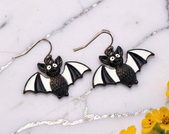 Halloween Bat Earrings, Black and White Enamel Dangle Earrings, Gothic Jewellery, Spooky Cute Accessory, Halloween Gift for Her