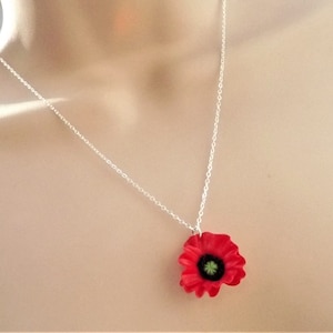 Red Poppy Necklace with Frilly Petals - Remembrance Jewelry, Flower Pendant, Remembrance Day Necklace with Red Poppy Pendant, Red Flower