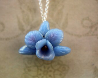 Blue Orchid Clay Pendant Necklace, Hand Painted Flower Jewelry, Gift for Her,  Clay Flower Pendant, Unique and Elegant Gift