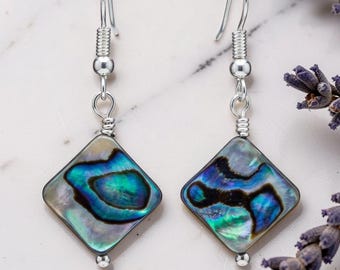 Iridescent Abalone Shell Earrings, Blue‑Green Sea Colours, 925 Stamped Hooks, Ocean‑Inspired Dangle Jewellery, Lightweight Handmade Gift Her