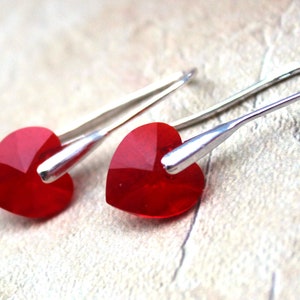 Red Swarovski Crystal Heart Earrings - Silver Ear Wires - Romantic Gift, Gift for her, Heart Earrings, Perfect for Valentine’s Day