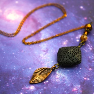 Lava Stone Aromatherapy Necklace with Copper Leaf and Brown Beads - Diffuser Pendant with Lava Stone, Lava Stone Essential Oil Necklace